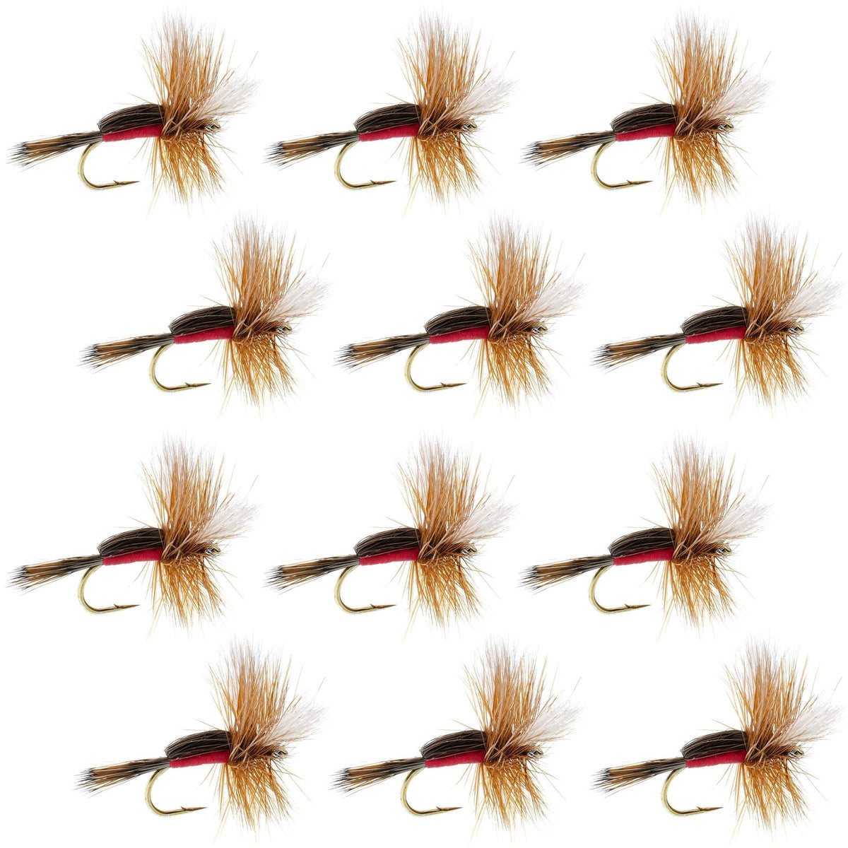 Multiple fishing flies arranged in a grid on a white background
