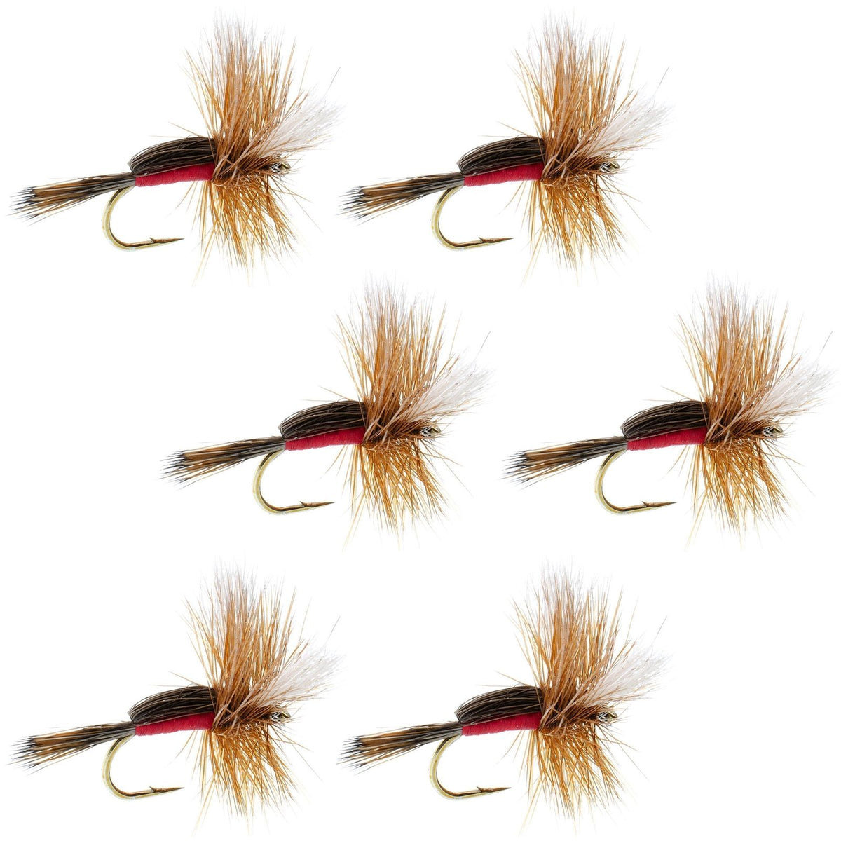 Set of six Royal Humpy Classic Hair Wing Dry Flies for trout fishing, size 10, designed to mimic natural insects on the water