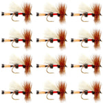 Set of 12 Royal Trude Classic Trout Dry Flies with size 12 hooks, designed for fly fishing by The Fly Fishing Place.