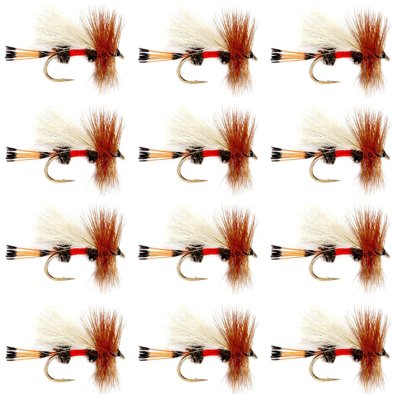 Set of 12 Royal Trude Classic Trout Dry Flies with size 12 hooks, designed for fly fishing by The Fly Fishing Place.