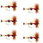Six Royal Trude Classic Trout Dry Flies with size 16 hooks, designed for fly fishing, featuring detailed, realistic fly patterns.
