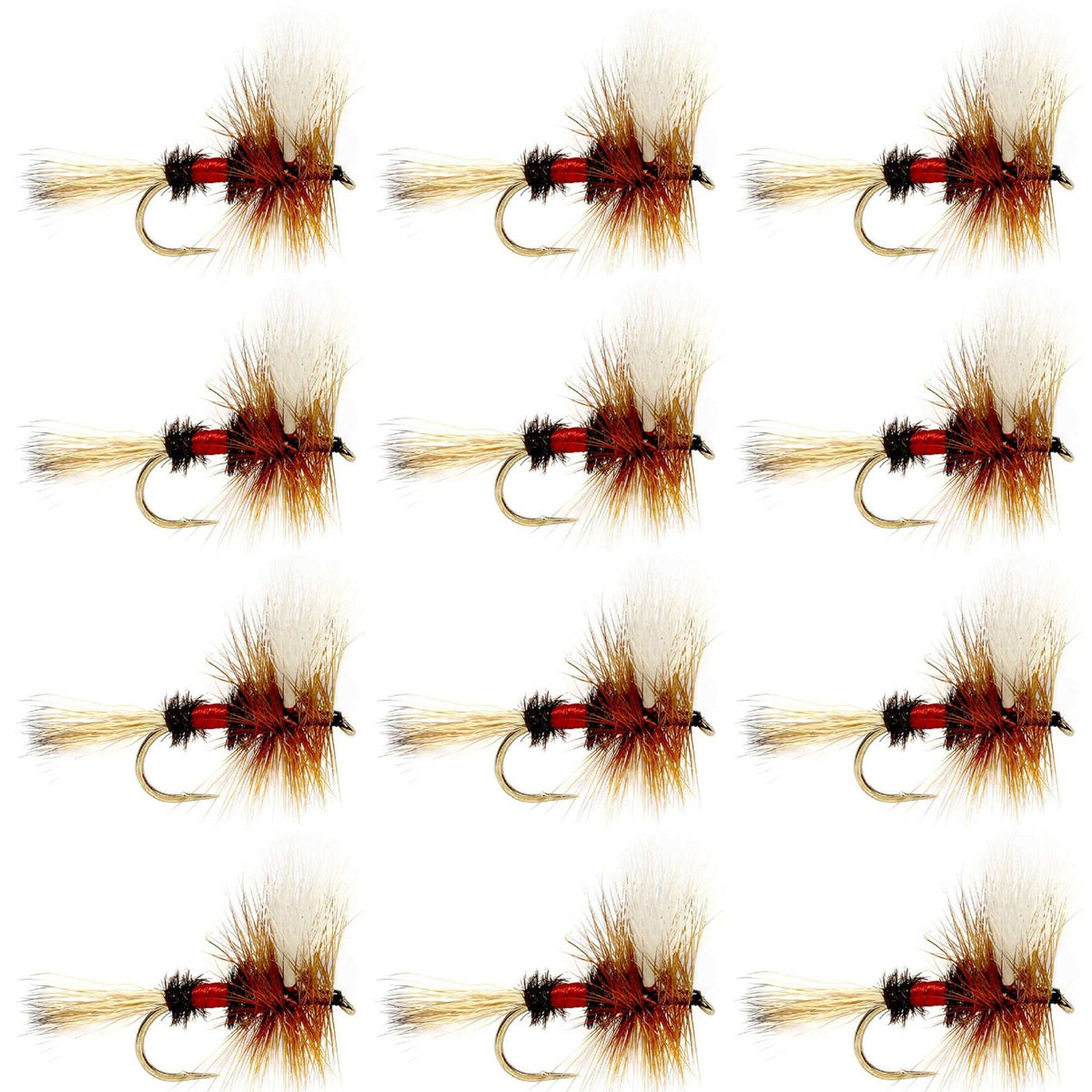 Set of 12 Royal Wulff Classic Hair Wing Dry Flies for trout fishing, size 16, by The Fly Fishing Place.