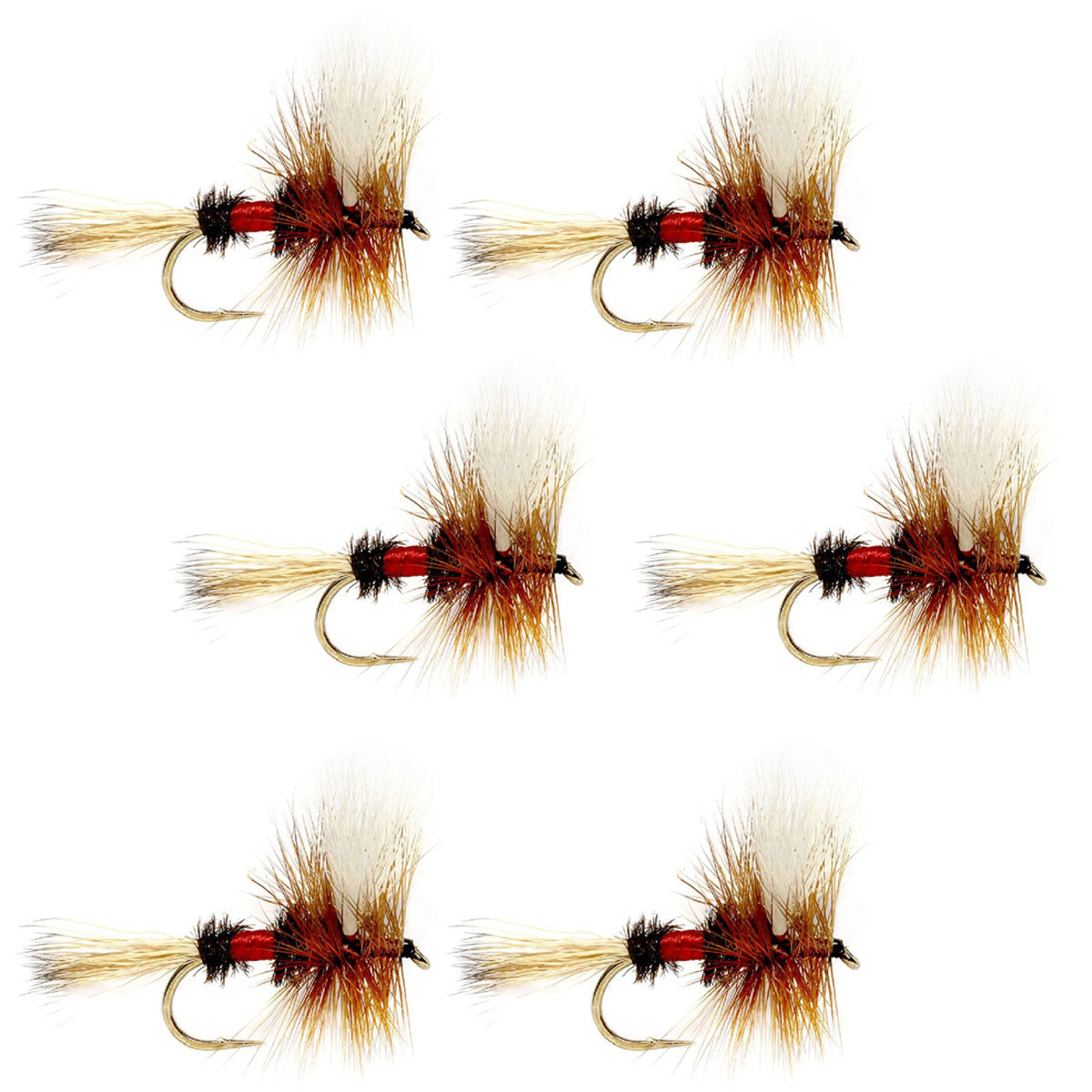 Set of six Barbless Royal Wulff Classic Hair Wing Dry Flies for trout fishing, size 12, by The Fly Fishing Place.
