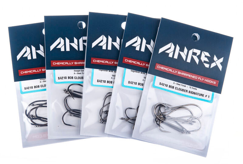 Ahrex SA210 Bob Clouser Signature S/E hooks for fly fishing, featuring sharp points and strong wire for durable fishing tackle.