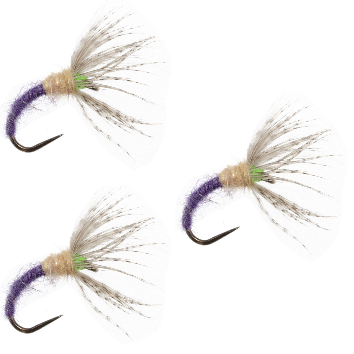 Three fishing fly lures with purple and beige bodies on a white background