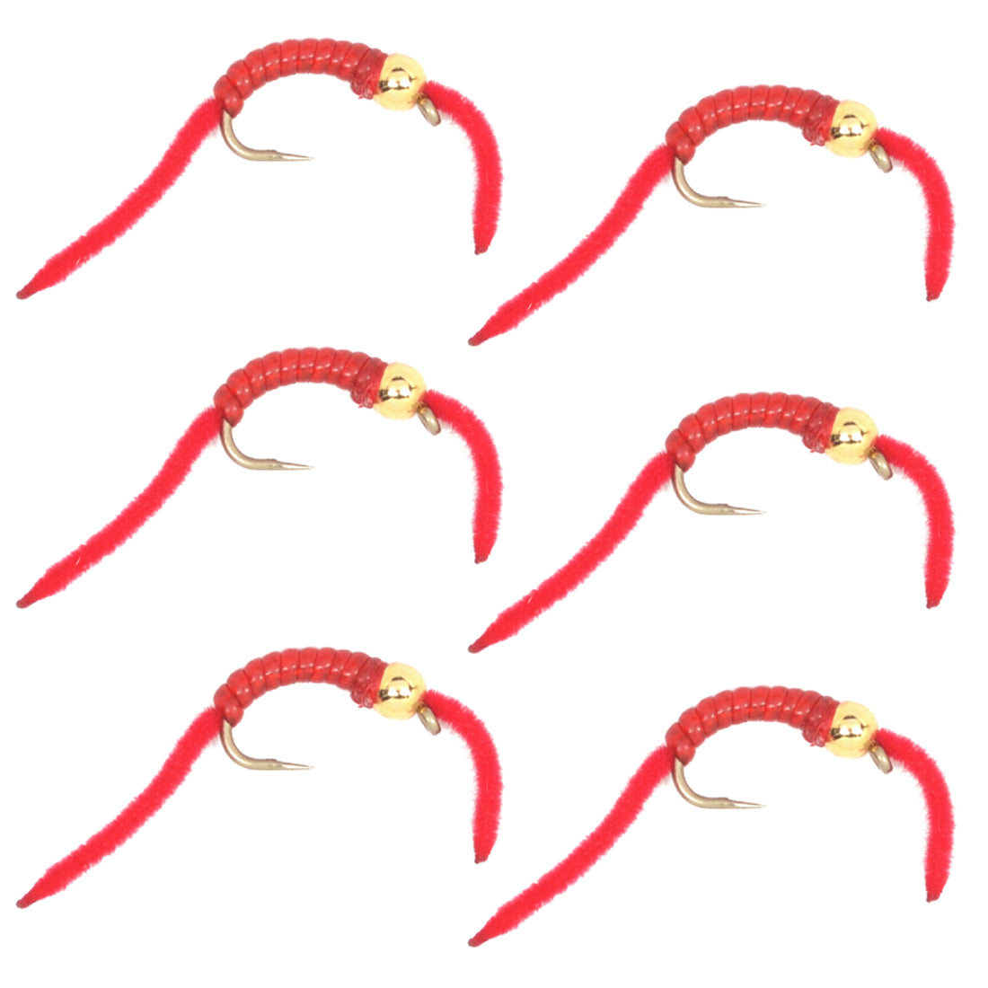 Set of 6 San Juan Worm Gold Bead Power Worm Nymph Flies with red V-rib hooks, size 14, for trout wet fly fishing.