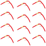 San Juan Double Bead Power Worm Red V-Rib trout wet flies with hooks, set of 12 size 10 nymph flies for fly fishing.