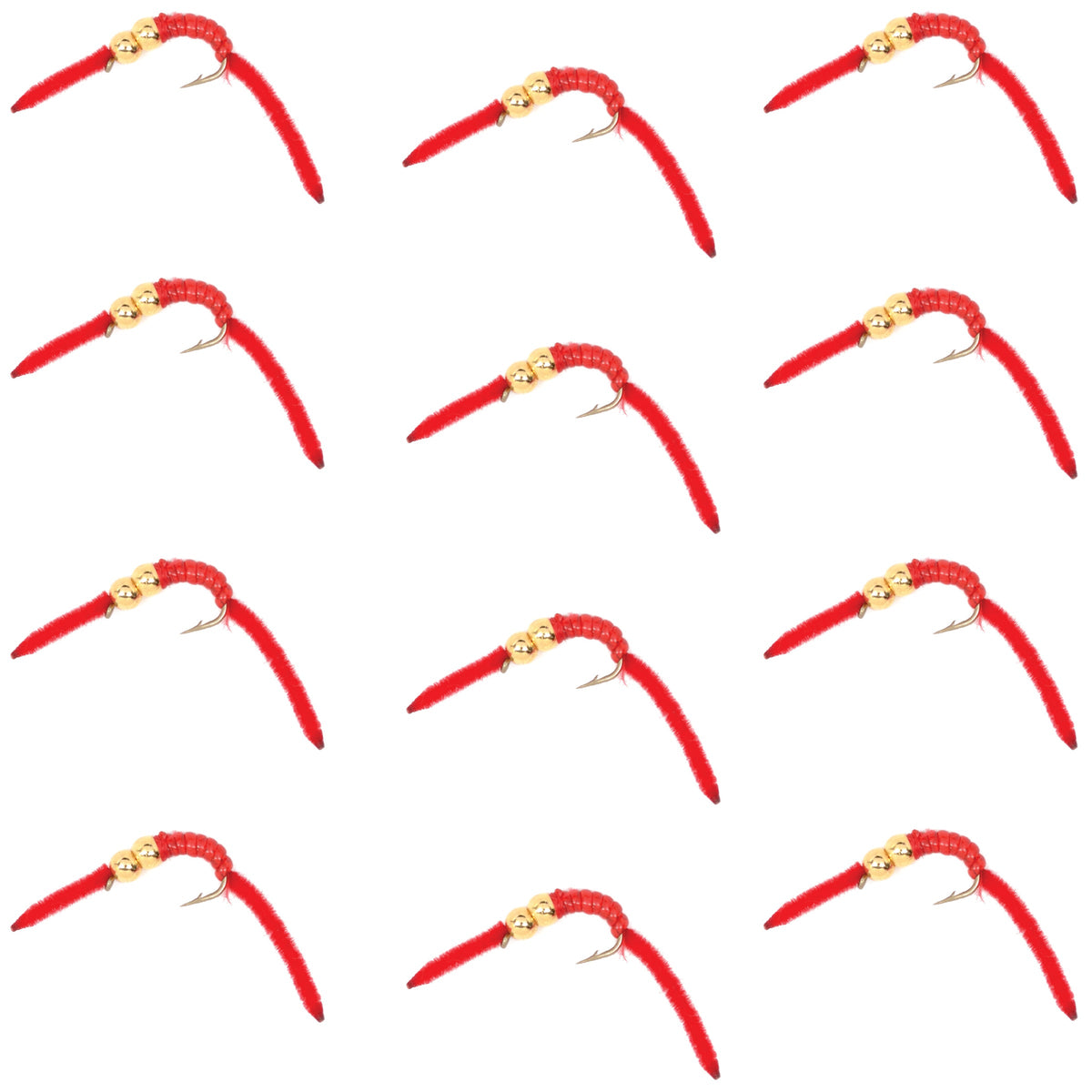 San Juan Double Bead Power Worm Red V-Rib trout wet flies with hooks, set of 12 size 10 nymph flies for fly fishing.