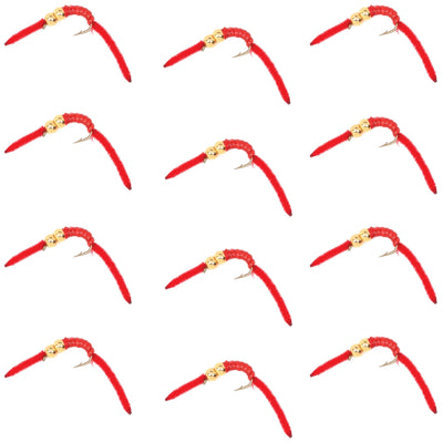 San Juan Double Bead Power Worm Red V-Rib trout wet flies with hooks, set of 12 size 10 nymph flies for fly fishing.