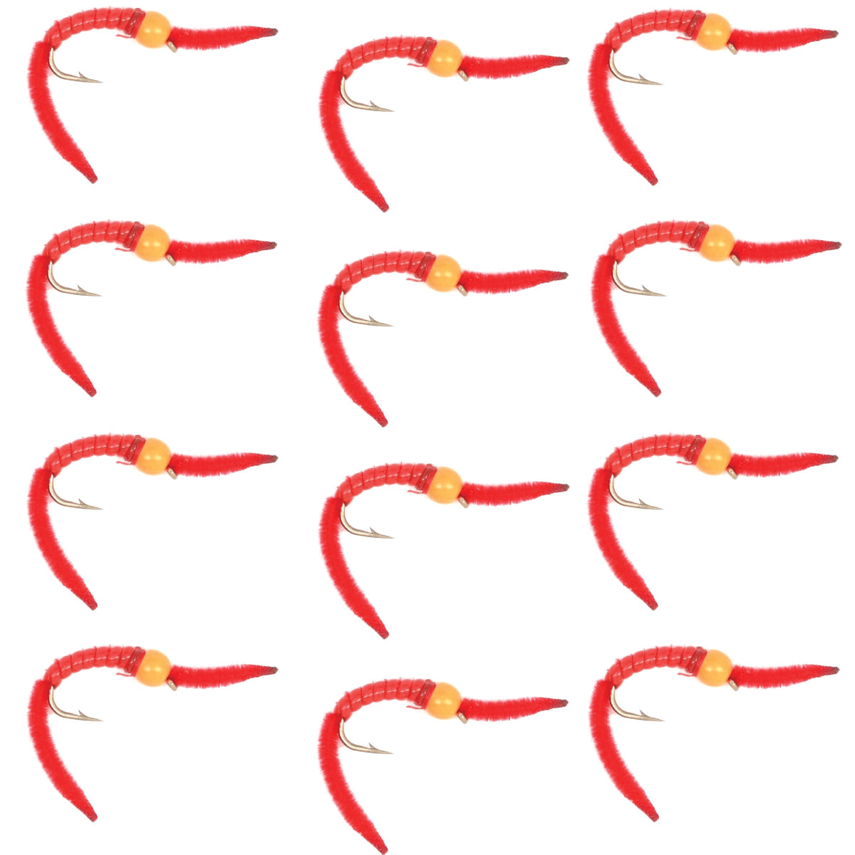 Set of 12 San Juan Worm orange bead head power worm trout wet flies with red V-rib, size 14 fishing nymphs with hooks.