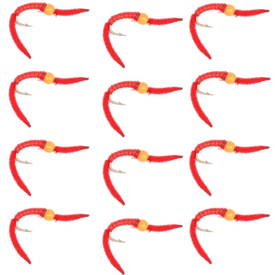 Set of 12 San Juan Worm orange bead head power worms for trout fishing, with red V-rib nymph hooks size 10.