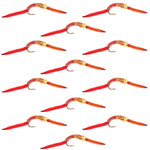 Set of 12 San Juan Worm red-brown trout wet flies with bead head and V-rib, ideal for fly fishing, size 12 nymph flies.