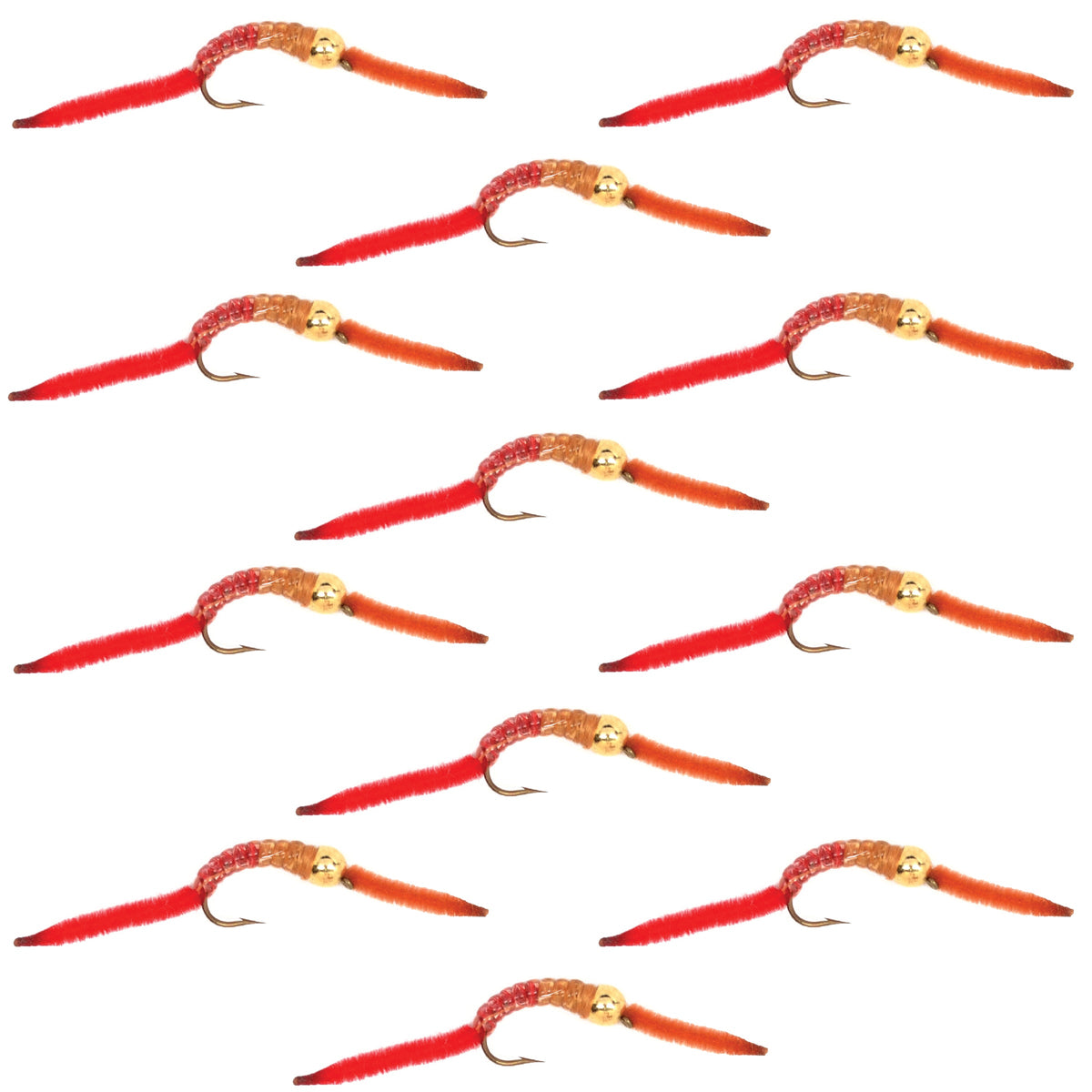 Set of 12 San Juan Worm red-brown trout wet flies with bead head and V-rib, ideal for fly fishing, size 12 nymph flies.