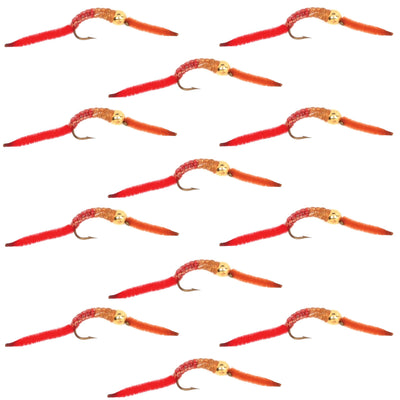 Set of 12 San Juan Worm red-brown trout wet flies with bead head and V-rib, ideal for fly fishing, size 12 nymph flies.