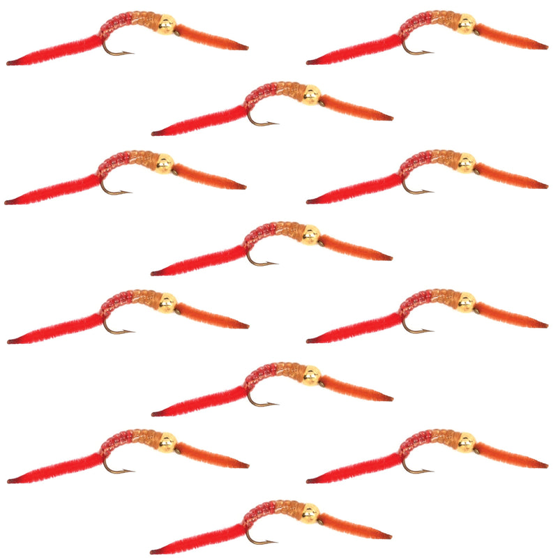 Set of 12 San Juan Worm Red Brown Trout Wet Flies with V-Rib hook size 14, designed for fly fishing and nymph fishing.