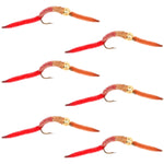 Set of six San Juan Worm Gold Bead Power Worm half and half trout wet flies in red and brown, hook size 14, by The Fly Fishing Place.