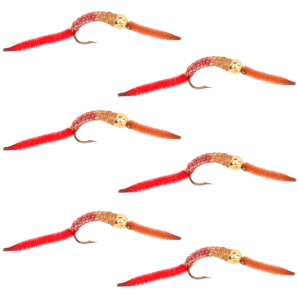 Set of six San Juan Worm Gold Bead Power Worm half and half trout wet flies in red-brown, hook size 12 for fly fishing.