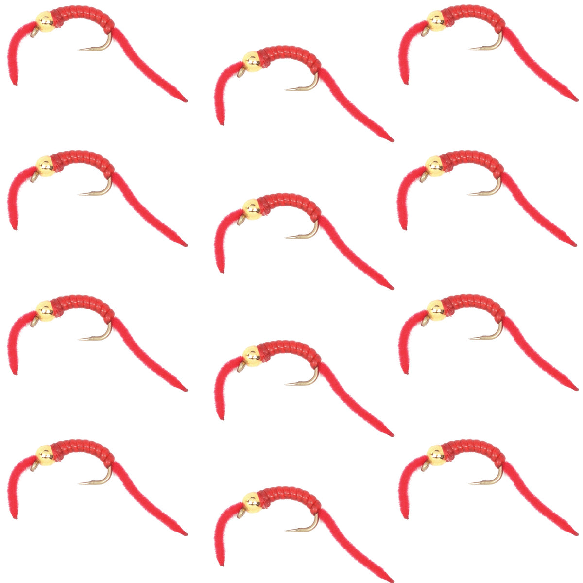 Set of 12 San Juan Worm Bead Head Power Worm Red V-Rib trout wet flies on size 10 hooks, ideal for fly fishing.