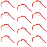 Set of 12 San Juan Worm Red V-Rib Trout Wet Flies with hooks, size 14, by The Fly Fishing Place for fly fishing and nymph fishing.