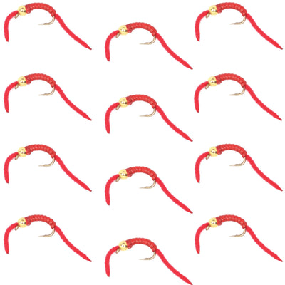 Set of 12 San Juan Worm Red V-Rib Trout Wet Flies with hooks, size 14, by The Fly Fishing Place for fly fishing and nymph fishing.