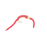 Trout fly assortment featuring San Juan Worm wet flies in red, size 10 hooks, 3 of each of 4 patterns for fly fishing.