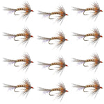Set of 12 orange Shakey Bealy soft hackle wet flies for trout fishing, size 10 hooks, by The Fly Fishing Place.