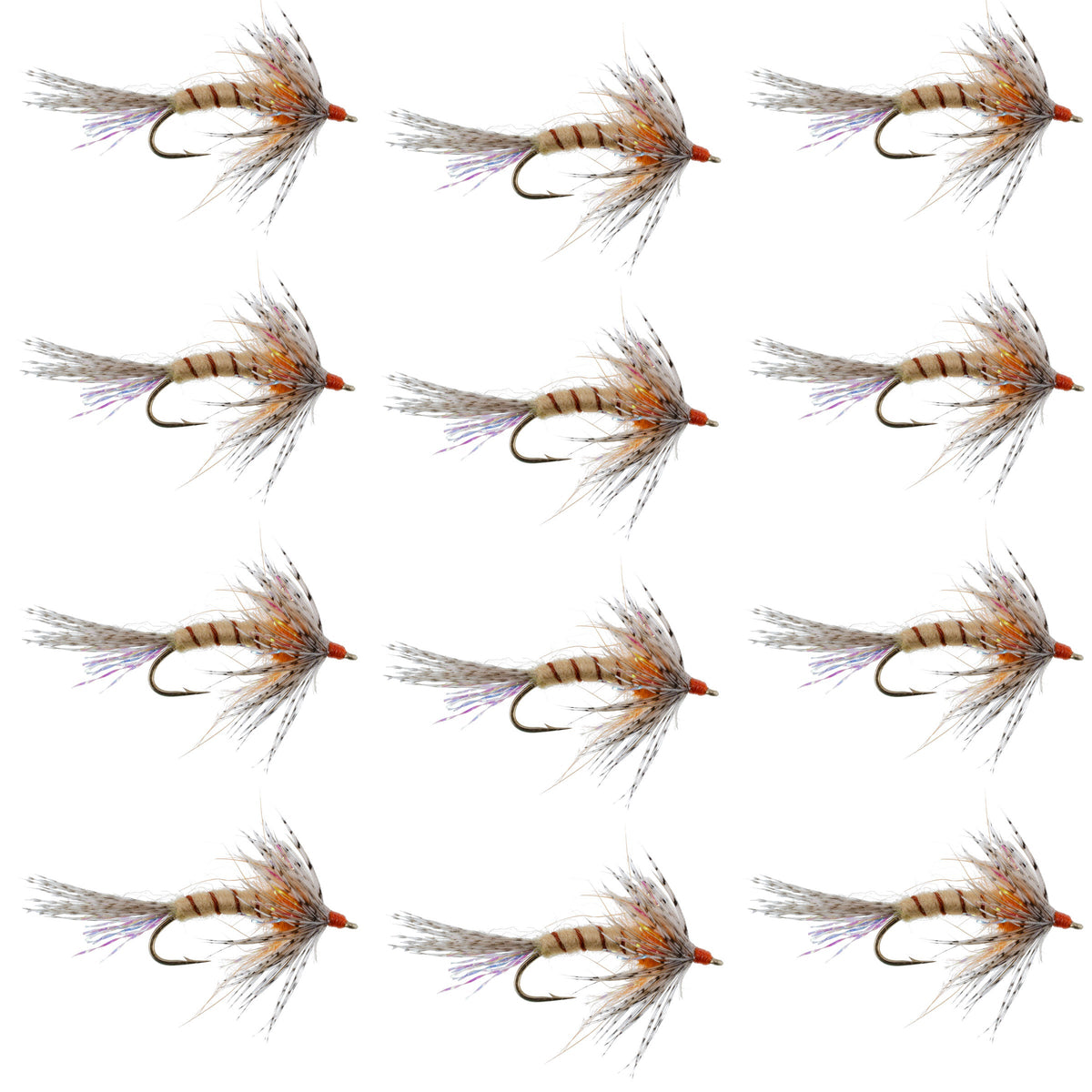 Set of 12 orange Shakey Bealy soft hackle wet flies for trout fishing, size 10 hooks, by The Fly Fishing Place.