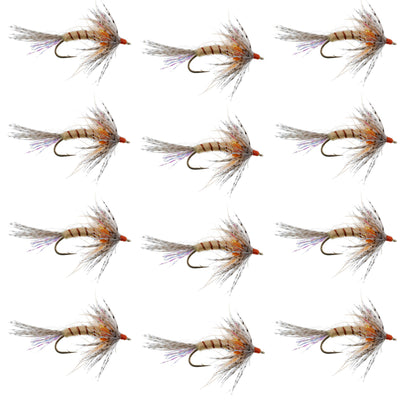 Set of 12 orange Shakey Bealy soft hackle wet flies for trout fishing, size 10 hooks, by The Fly Fishing Place.