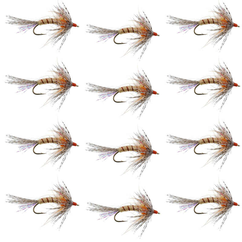 Set of 12 orange Shakey Bealy soft hackle wet flies for trout fishing, size 10 hooks, by The Fly Fishing Place.