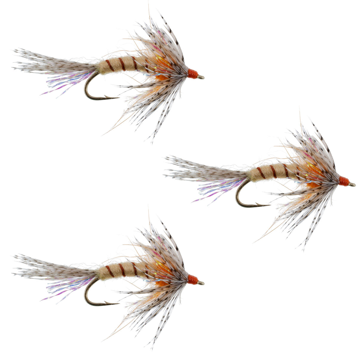 Three orange Shakey Bealy fall soft hackle wet flies for trout fishing, size 10 hooks, by The Fly Fishing Place.