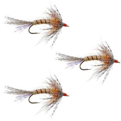 Three orange Shakey Bealy fall soft hackle wet flies for trout fishing, size 10 hooks, by The Fly Fishing Place.