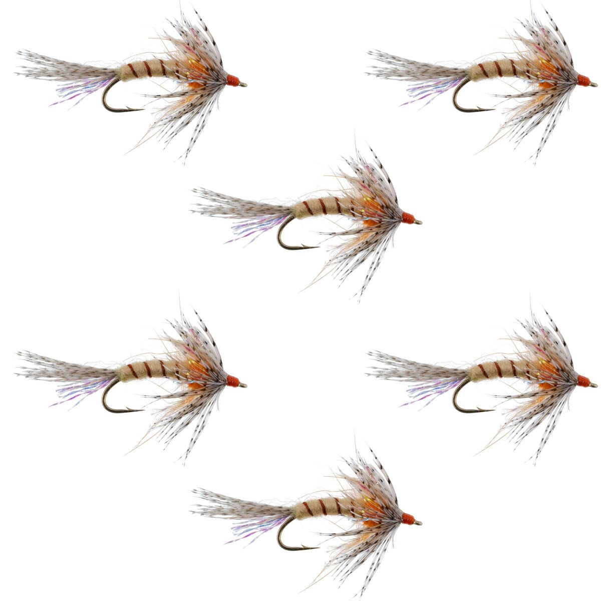 Set of six orange Shakey Bealy Fall Soft Hackle Wet Flies for trout fishing, hook size 10, by The Fly Fishing Place.