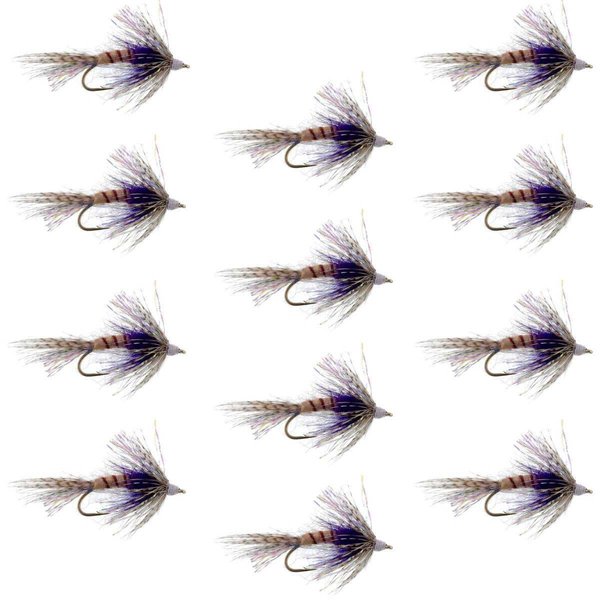 Set of 12 purple Shakey Bealy fall soft hackle wet flies for trout fishing, hook size 10, by The Fly Fishing Place.