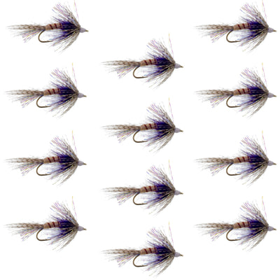 Set of 12 purple Shakey Bealy fall soft hackle wet flies for trout fishing, hook size 10, by The Fly Fishing Place.
