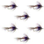 Set of six purple Shakey Bealy Fall soft hackle wet flies for trout fishing, size 10 hooks, by The Fly Fishing Place.