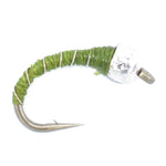 Three olive zebra midge wet flies with silver beads, size 14, designed for trout fishing, by The Fly Fishing Place.