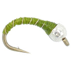 Olive Zebra Midge trout wet flies with silver beads, size 14, 16, and 18, for tailwater fly fishing collection.
