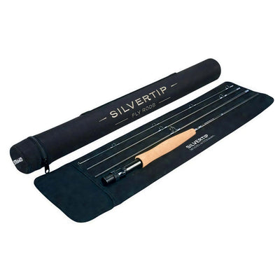 Jackson Hole Fly Company Silvertip 9-foot, 5-weight fly fishing rod in its packaging, showcasing a sleek, high-quality rod design.