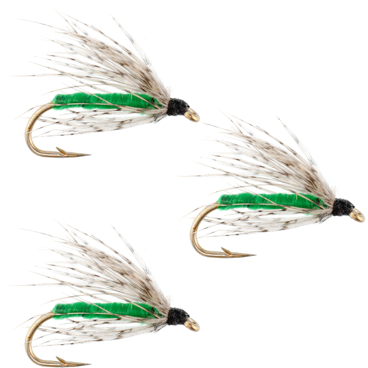 Set of three soft hackle partridge and green trout wet flies with hooks size 12 for fly fishing, by The Fly Fishing Place