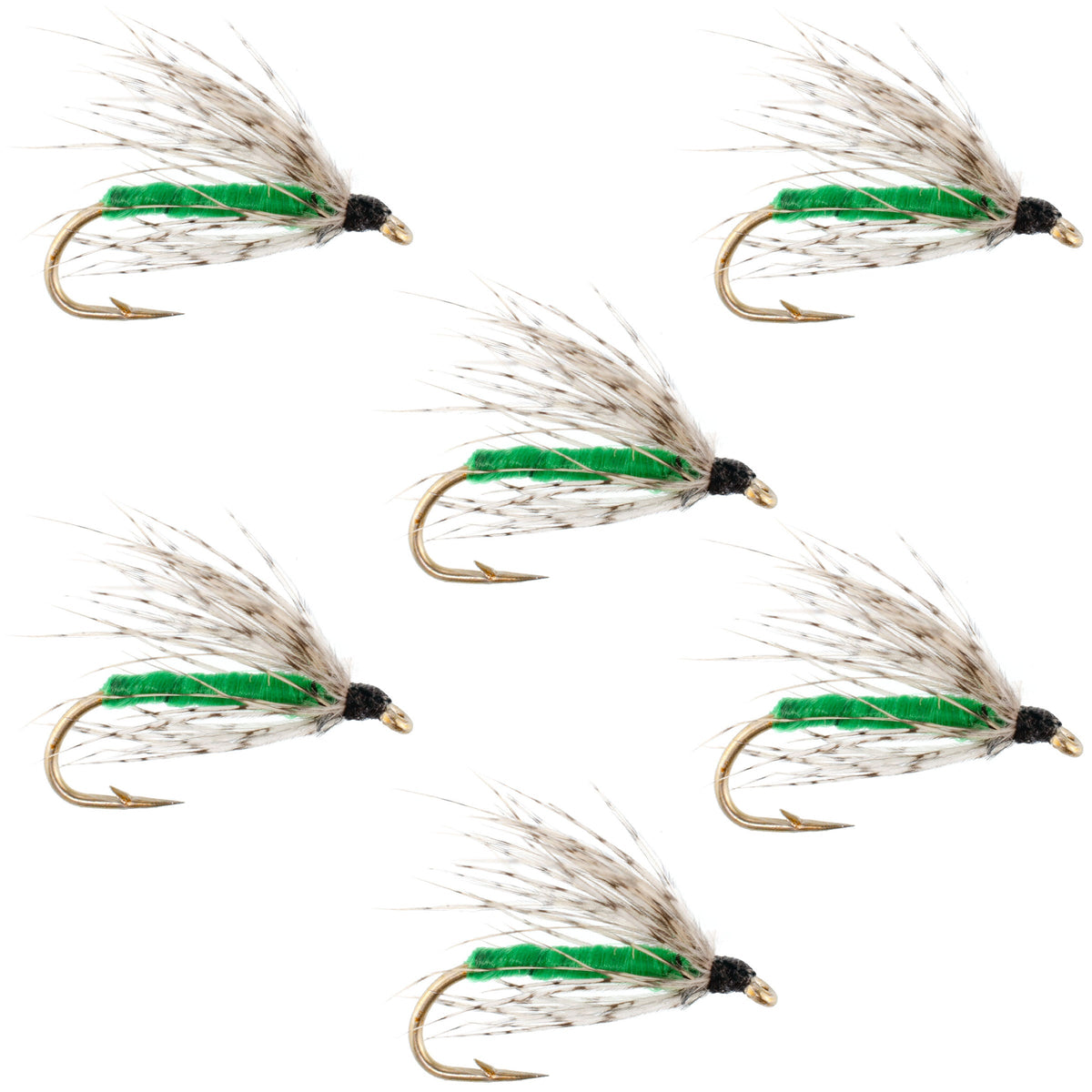Set of six Soft Hackle Partridge and Green trout wet flies with size 14 hooks for fly fishing, crafted by The Fly Fishing Place.