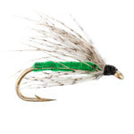 Three soft hackle Partridge and Green trout wet flies on hooks size 12 for fly fishing, featuring natural feather and hackle details.
