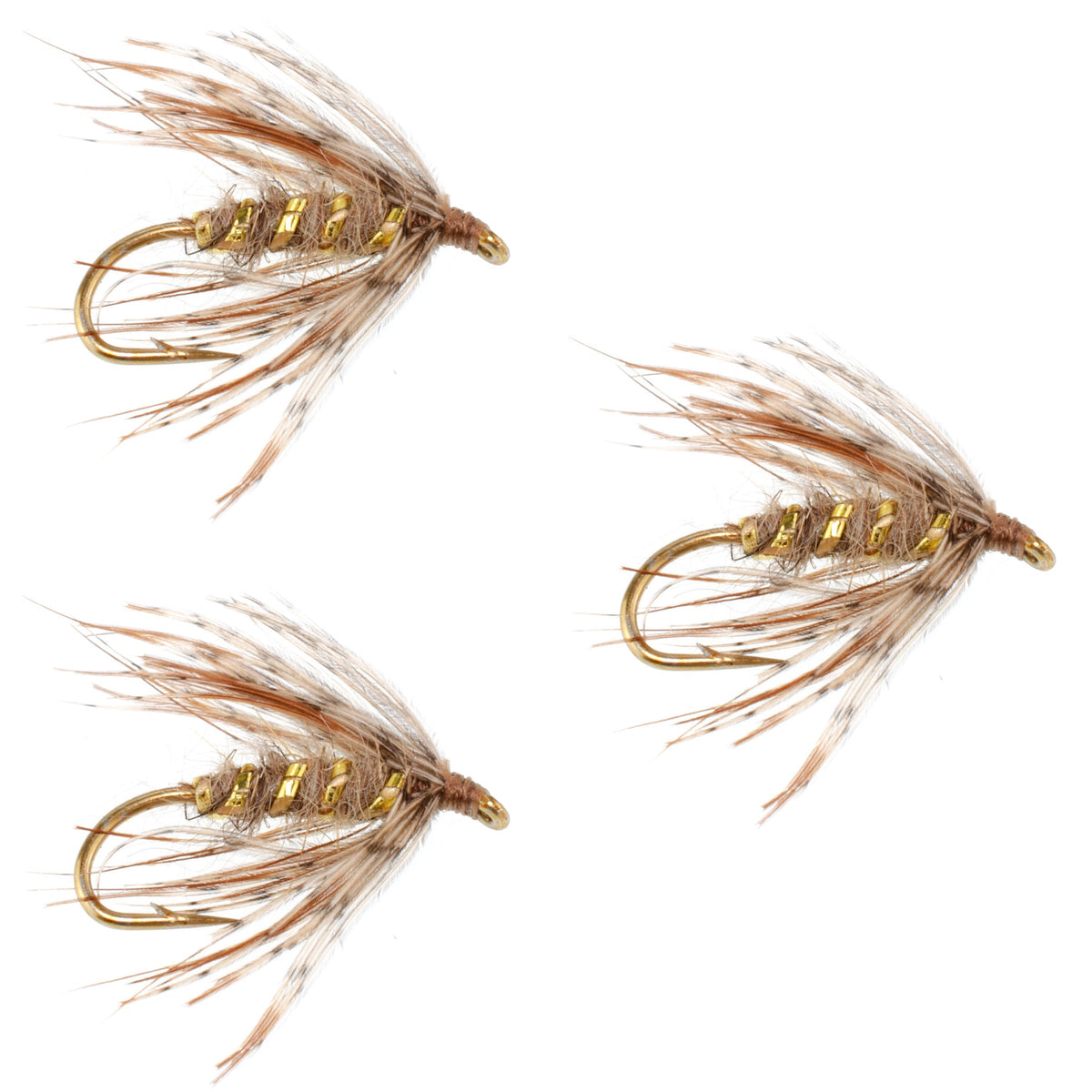 Set of three March Brown Partridge soft hackle wet flies for trout fishing, size 12, by The Fly Fishing Place.