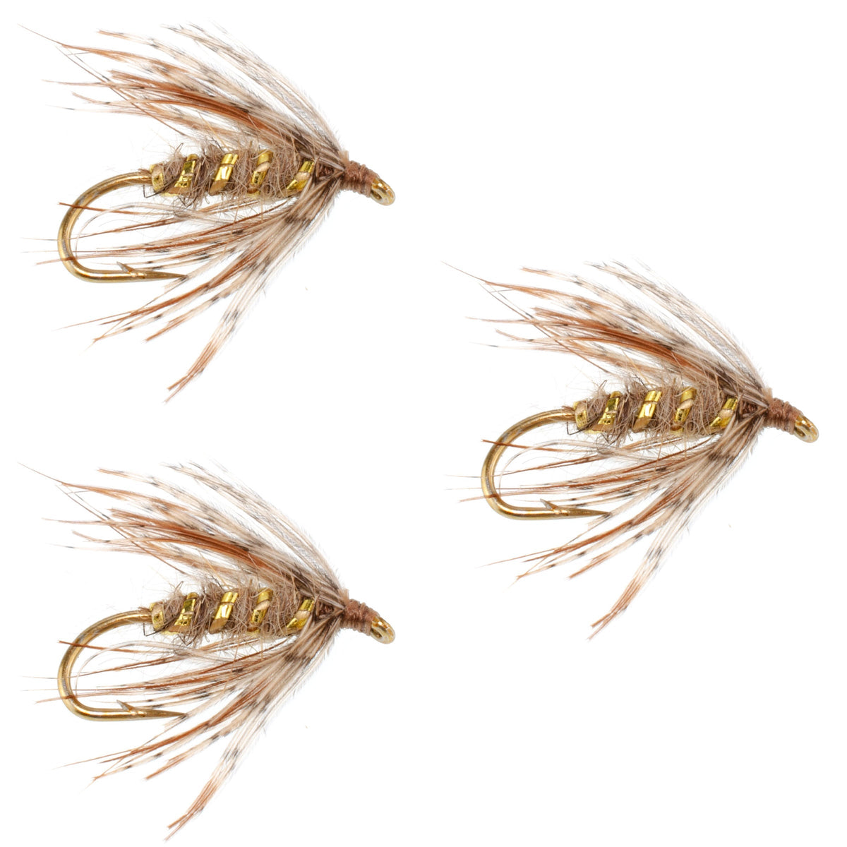 Set of three March Brown Partridge soft hackle wet flies for trout fishing, hook size 16, by The Fly Fishing Place.