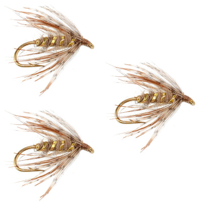Set of three March Brown Partridge soft hackle wet flies for trout fishing, hook size 16, by The Fly Fishing Place.