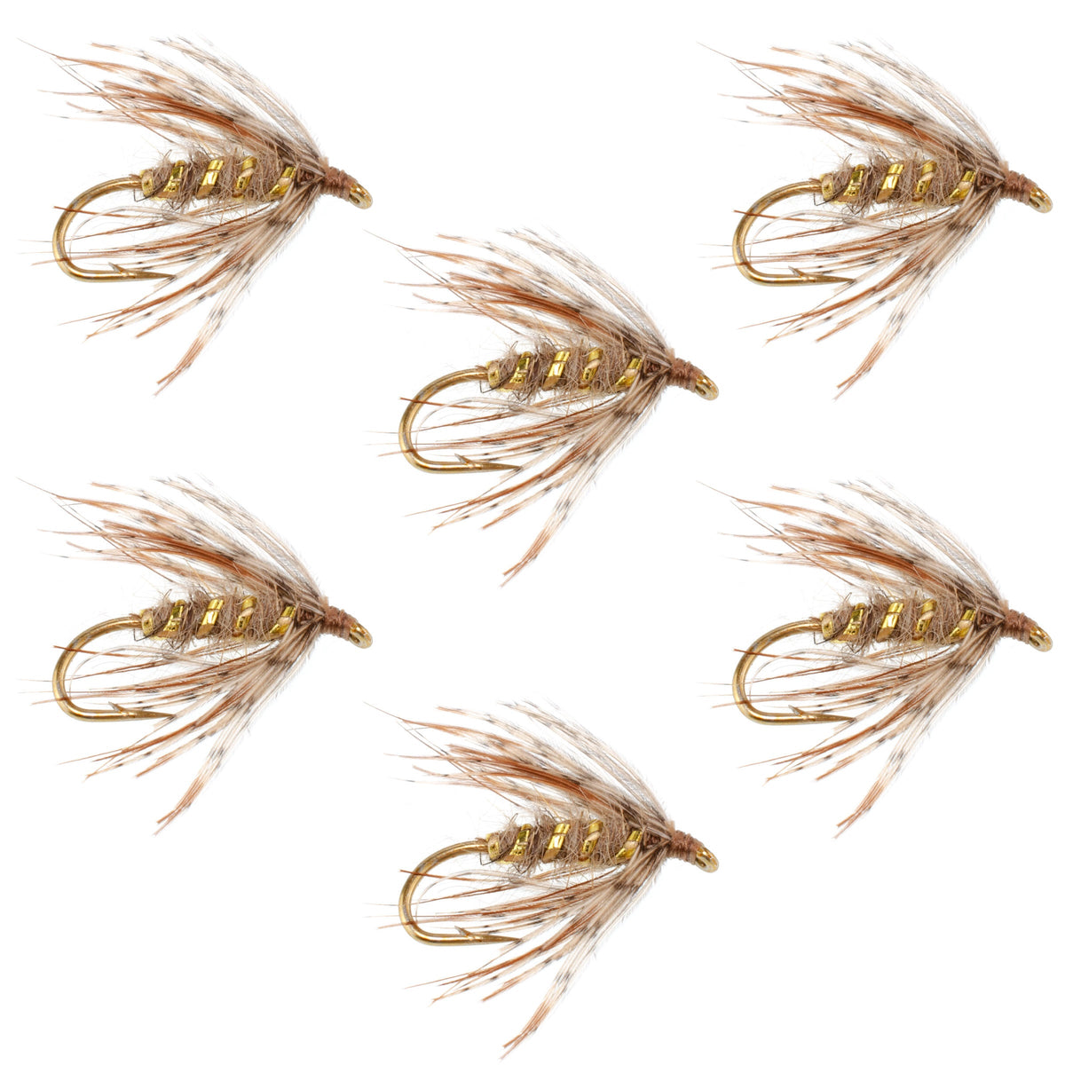 Six soft hackle March Brown Partridge wet flies for trout fishing, with size 16 hooks, by The Fly Fishing Place.