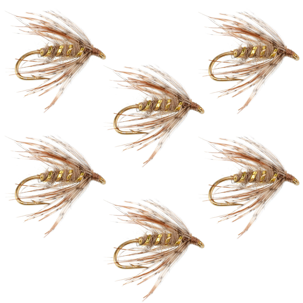 Set of six Soft Hackle March Brown Partridge trout wet flies with size 12 hooks, featuring natural brown and partridge feather accents.
