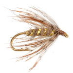 Three soft hackle March Brown Partridge wet flies for trout fishing, size 16, with natural brown and partridge feather details.