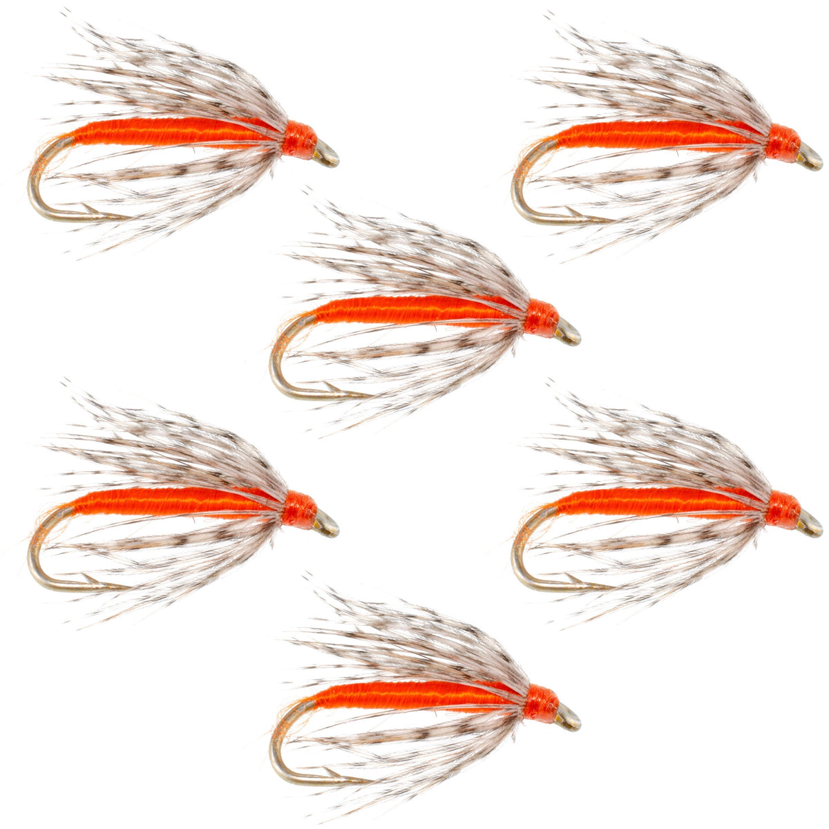 Set of six Soft Hackle Partridge and Orange trout wet flies with size 14 hooks, designed for fly fishing by The Fly Fishing Place.