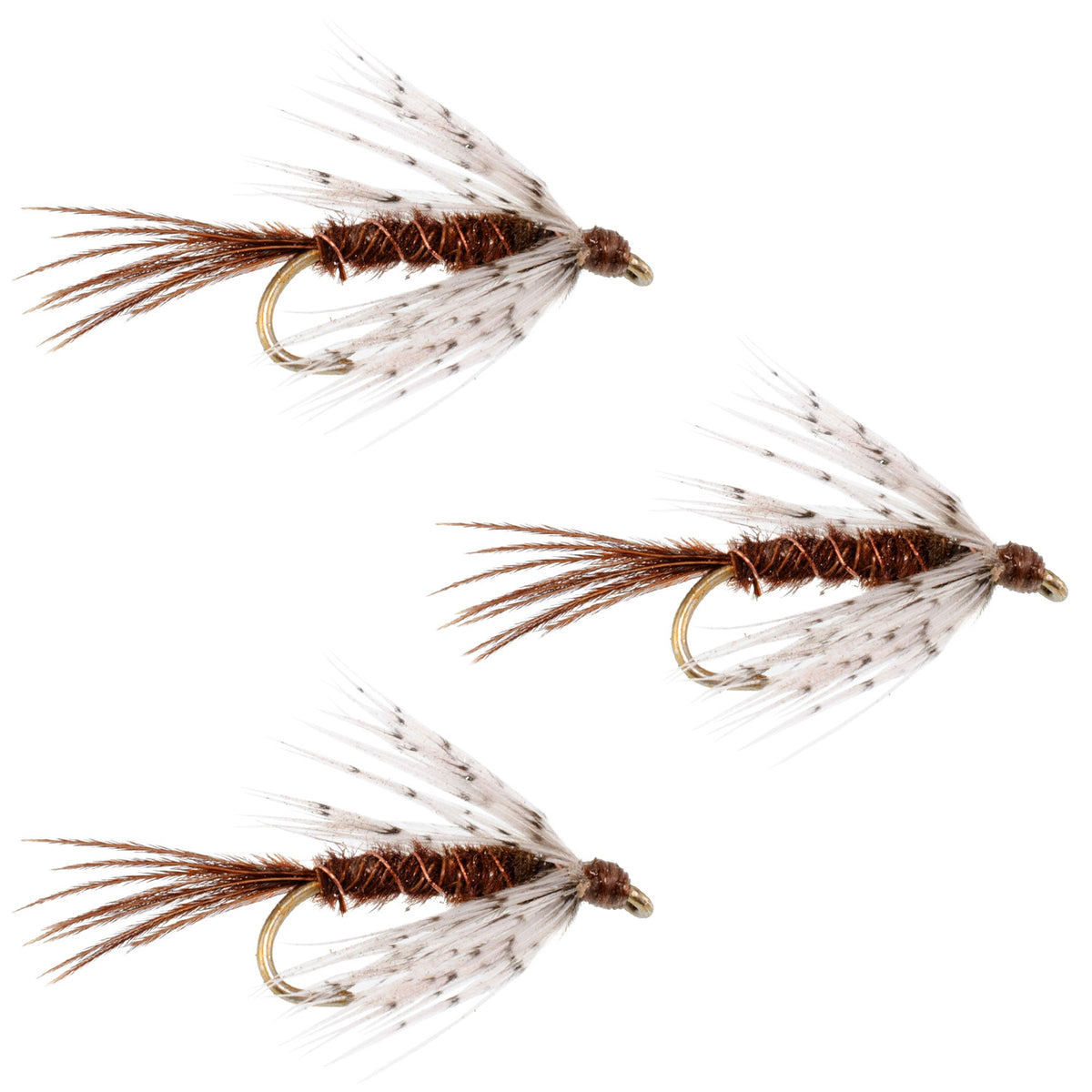 Set of three soft hackle Pheasant Tail and Partridge wet flies for trout fishing, hook size 16, by The Fly Fishing Place.