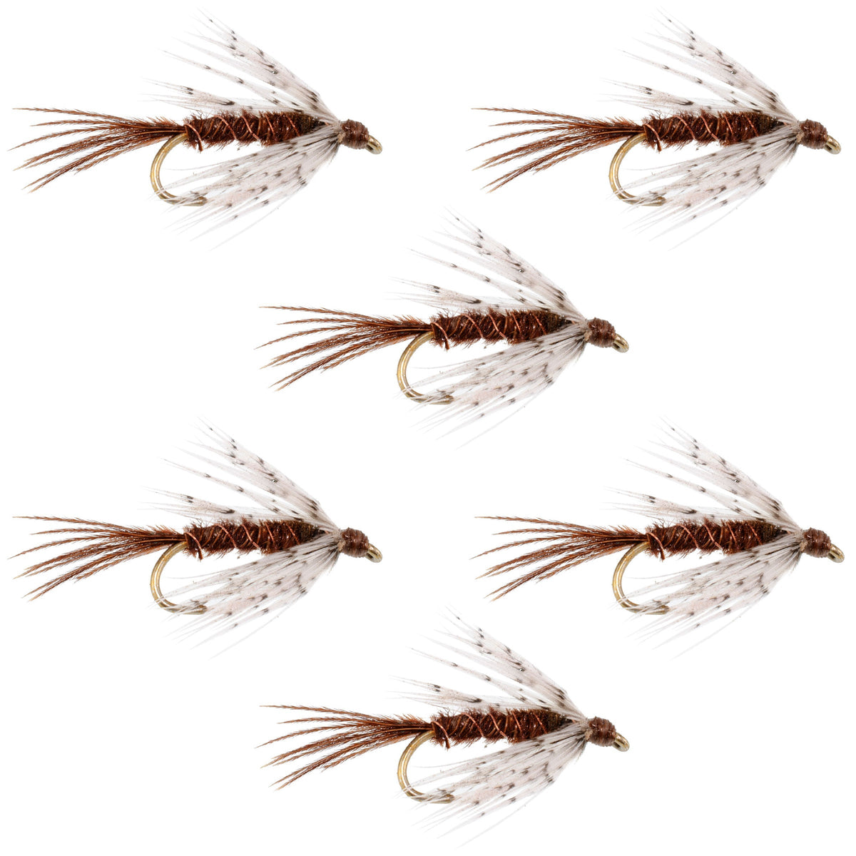 Set of 6 soft hackle trout wet flies with partridge and pheasant tail, size 14, by The Fly Fishing Place for fly fishing enthusiasts.